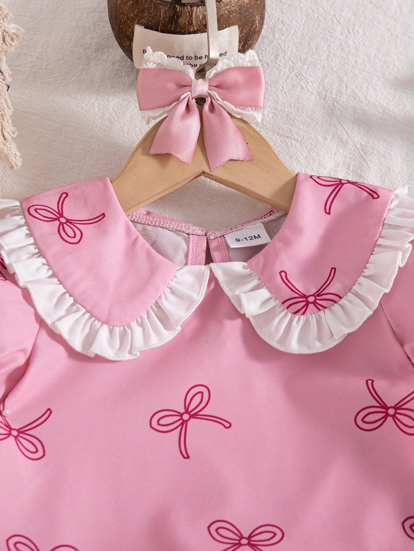 Girls Bow Print Peter Pan Collar Puff Sleeve Top & Flare Pants - Blush