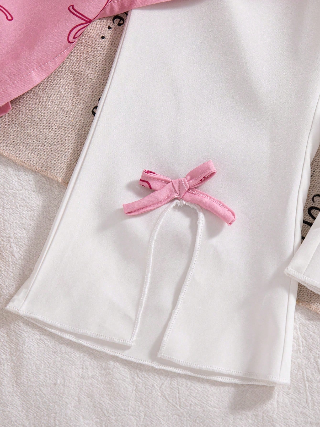 Girls Bow Print Peter Pan Collar Puff Sleeve Top & Flare Pants - Blush