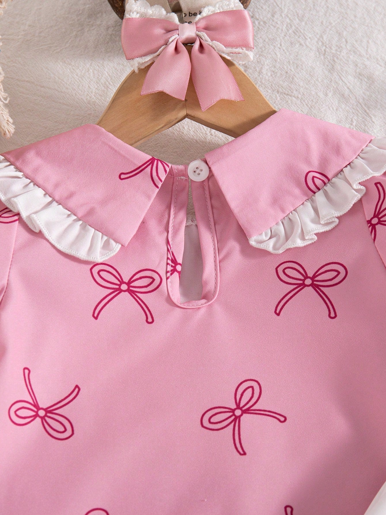 Girls Bow Print Peter Pan Collar Puff Sleeve Top & Flare Pants - Blush