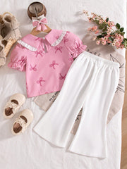 Girls Bow Print Peter Pan Collar Puff Sleeve Top & Flare Pants - Blush