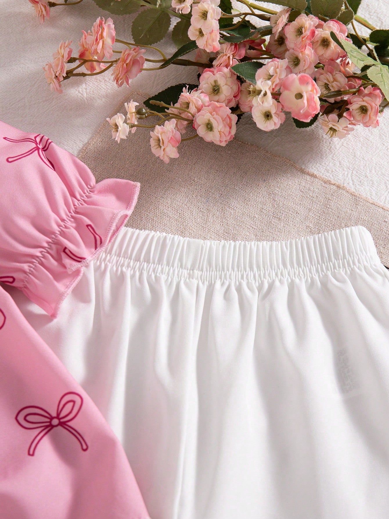 Girls Bow Print Peter Pan Collar Puff Sleeve Top & Flare Pants - Blush