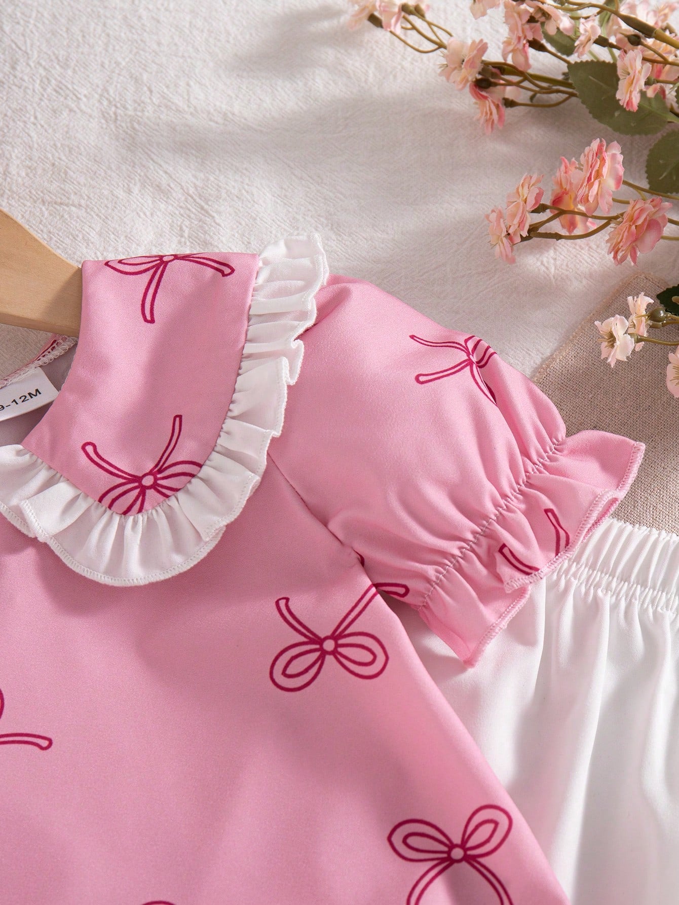 Girls Bow Print Peter Pan Collar Puff Sleeve Top & Flare Pants - Blush
