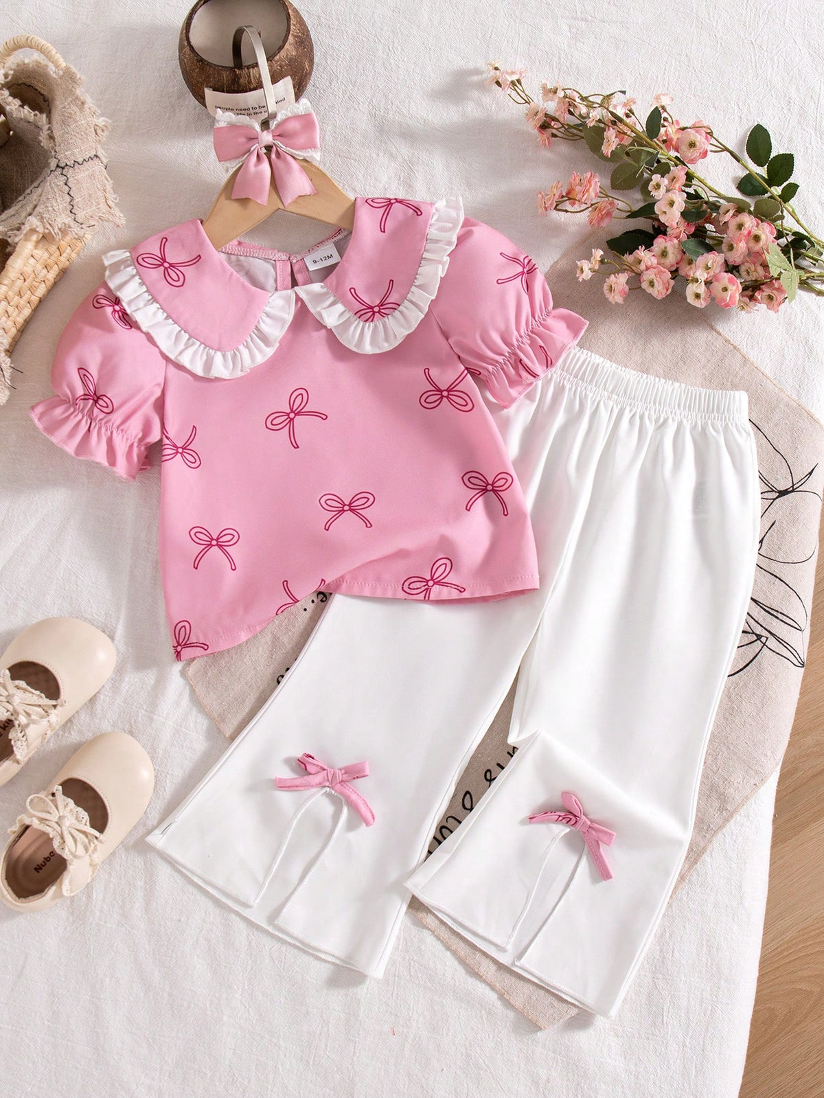 Girls Bow Print Peter Pan Collar Puff Sleeve Top & Flare Pants - Blush