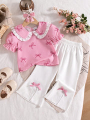 Girls Bow Print Peter Pan Collar Puff Sleeve Top & Flare Pants - Blush