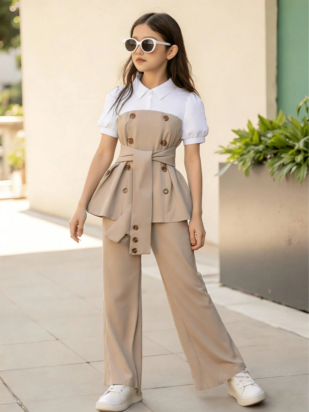 2pcs Big Girls Puff Sleeve Peplum Top & Wide-Leg Pants Set - Greige...