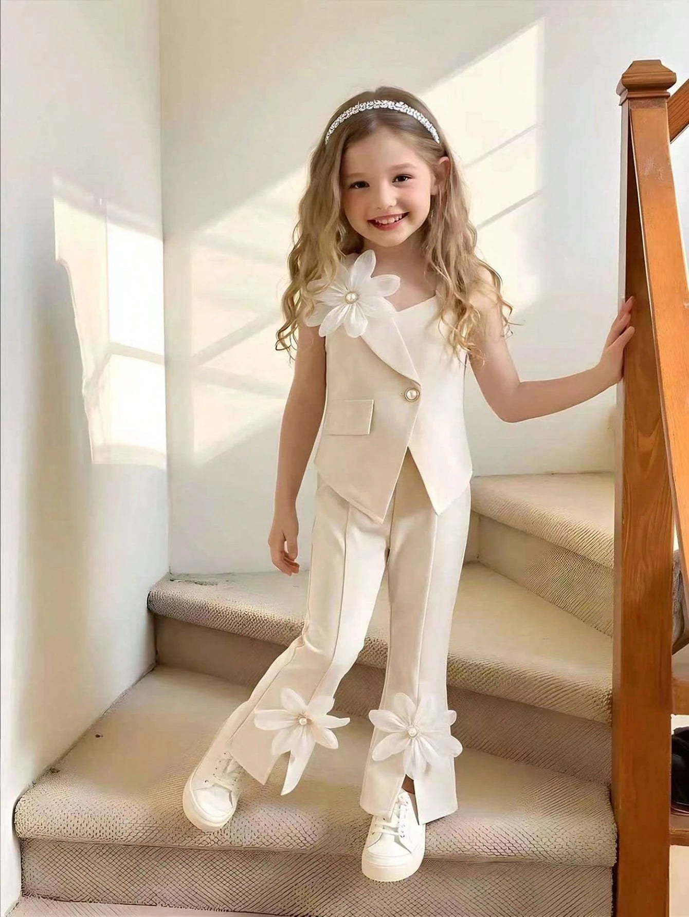 2pcs Little Girls Floral Appliqué Asymmetric Vest & Flared Trousers...
