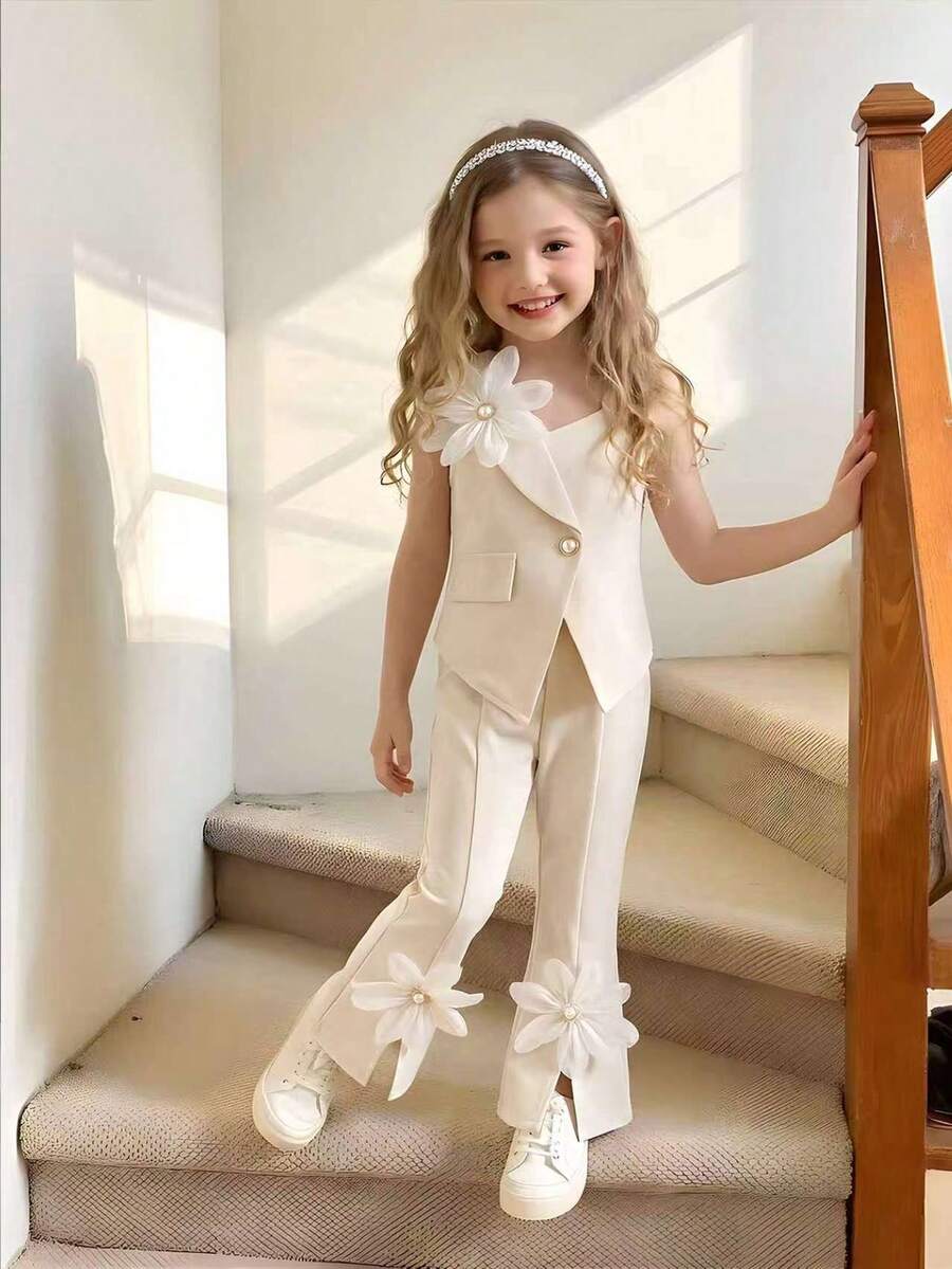 2pcs Little Girls Floral Appliqué Asymmetric Vest & Flared Trousers...