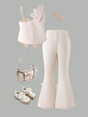 2pcs Little Girls Floral Appliqué Asymmetric Vest & Flared Trousers...
