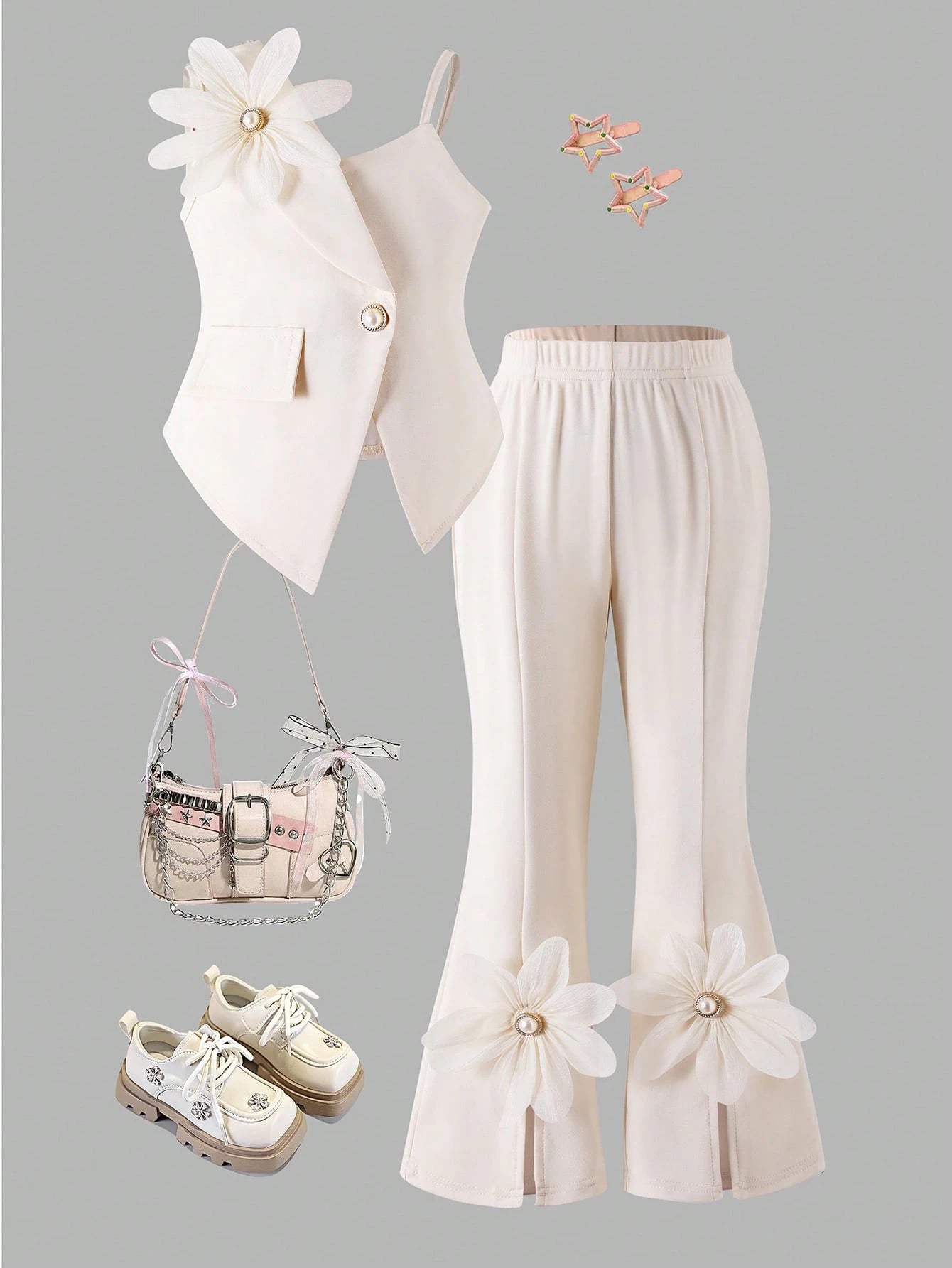2pcs Little Girls Floral Appliqué Asymmetric Vest & Flared Trousers...