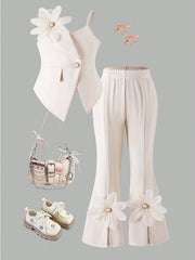 2pcs Little Girls Floral Appliqué Asymmetric Vest & Flared Trousers...