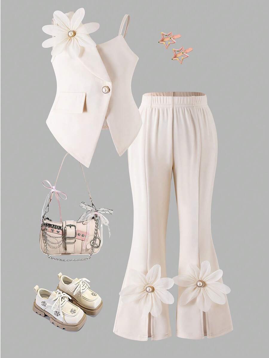 2pcs Little Girls Floral Appliqué Asymmetric Vest & Flared Trousers...