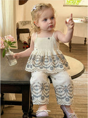 2pcs Girls Floral Embroidered Camisole Top & Wide-Leg Pants Set - E...