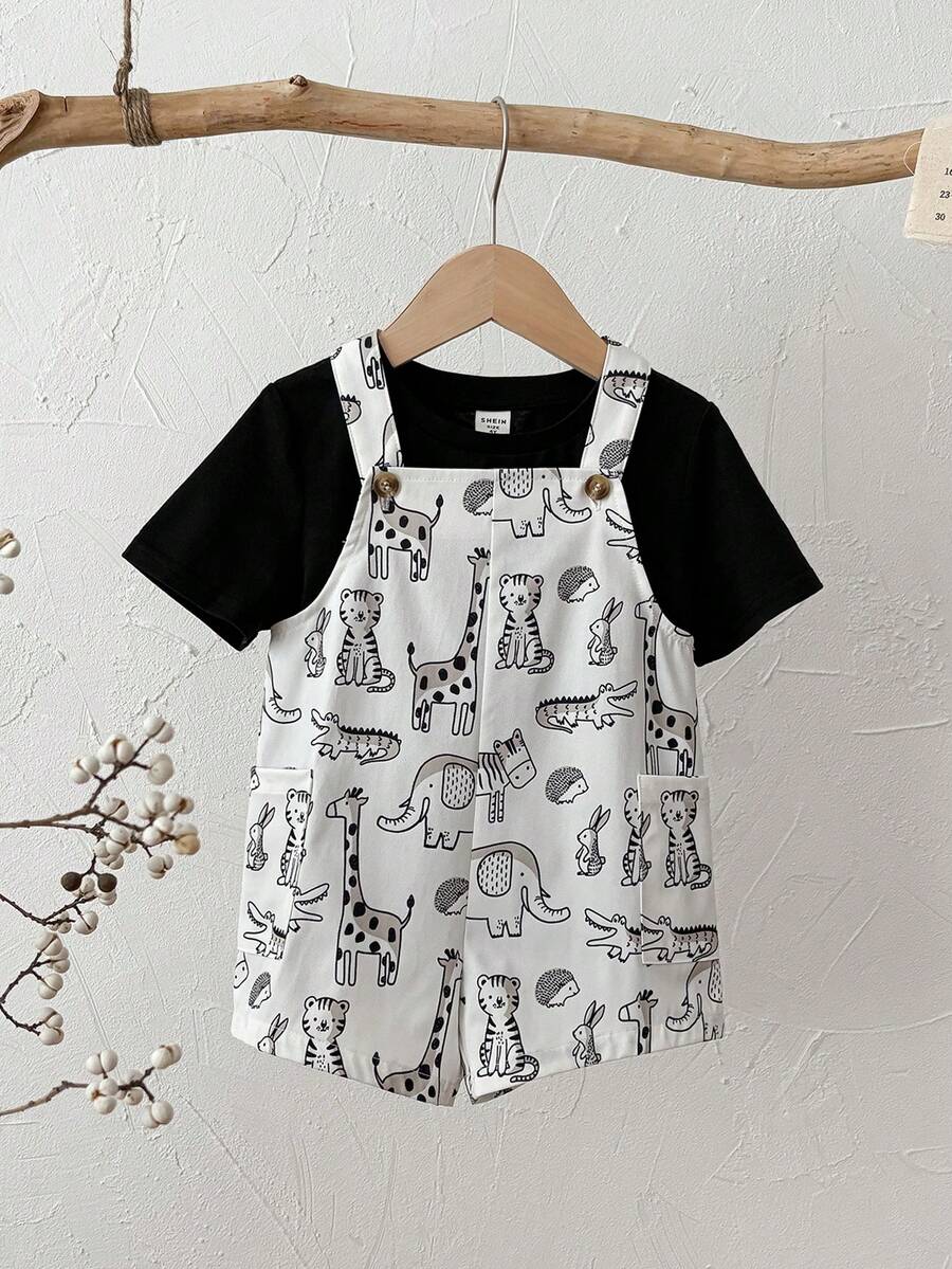 2pcs Unisex Safari Animal Print Tee & Dungaree Set - Ivory | 21 Cen...