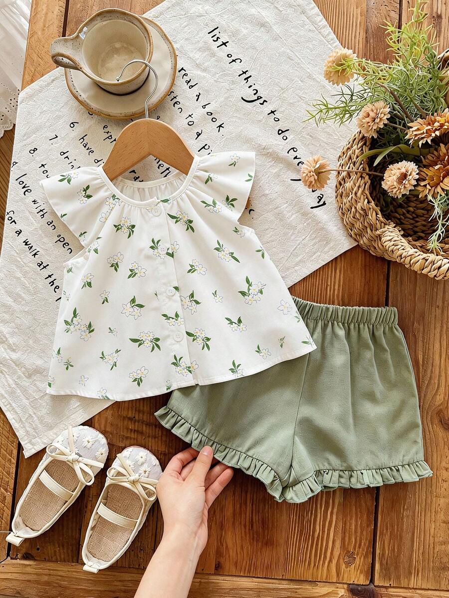 Girls Floral Print Ruffle Sleeve Top & Shorts Set - Ivory