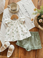Girls Floral Print Ruffle Sleeve Top & Shorts Set - Ivory
