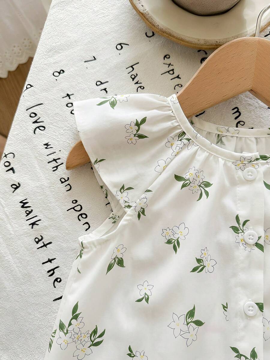 Girls Floral Print Ruffle Sleeve Top & Shorts Set - Ivory