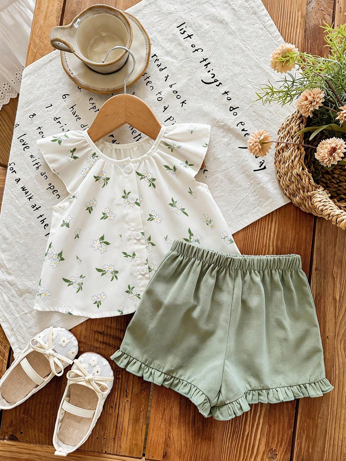 Girls Floral Print Ruffle Sleeve Top & Shorts Set - Ivory