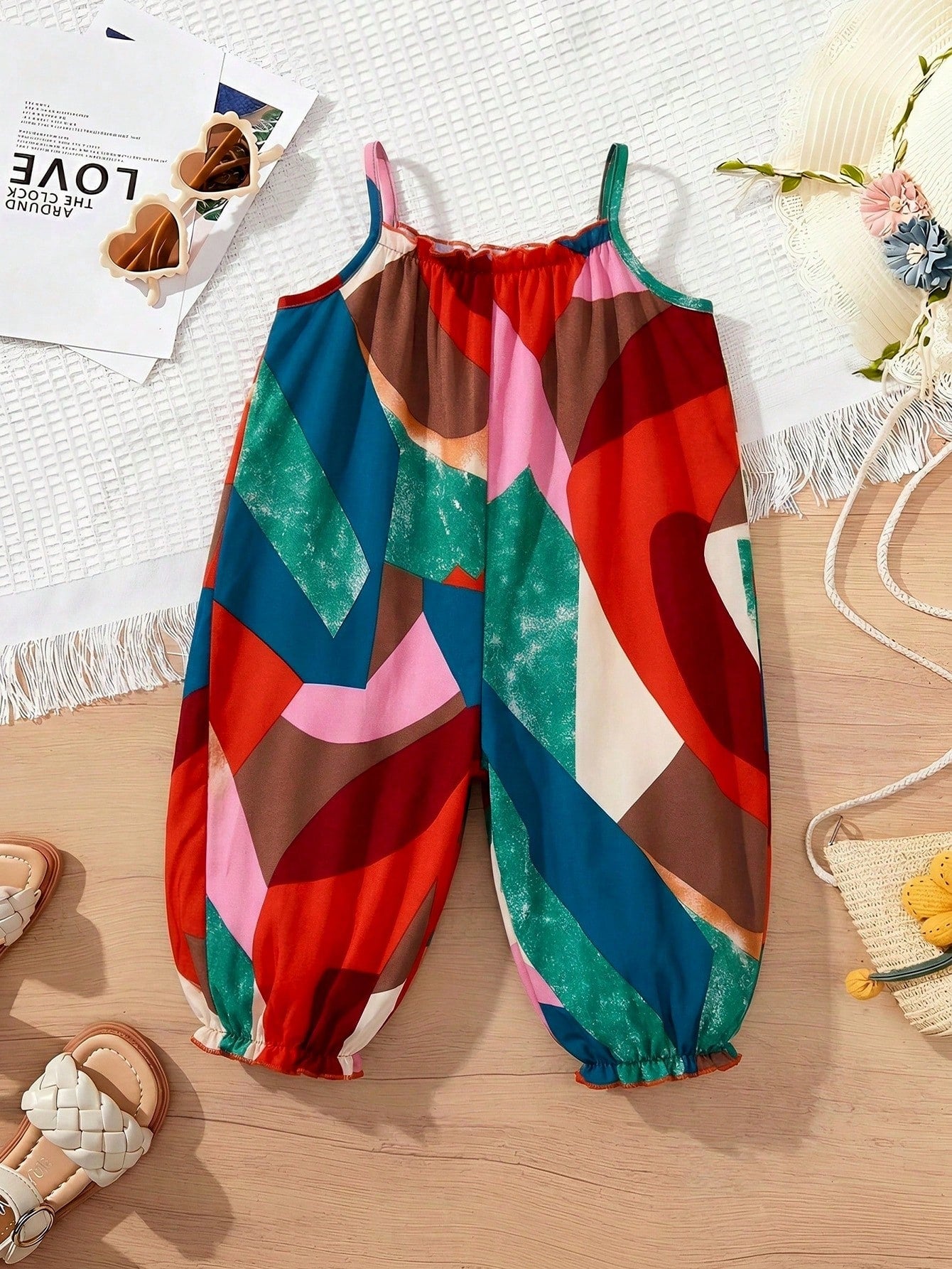 Girls Geometric Print Spaghetti Strap Jumpsuit - Scarlet | 21 Centu...
