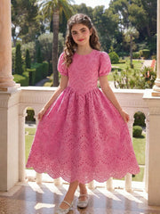 Girls Eyelet Embroidered Puff Sleeve A-Line Dress - Fuchsia | 21 Ce...
