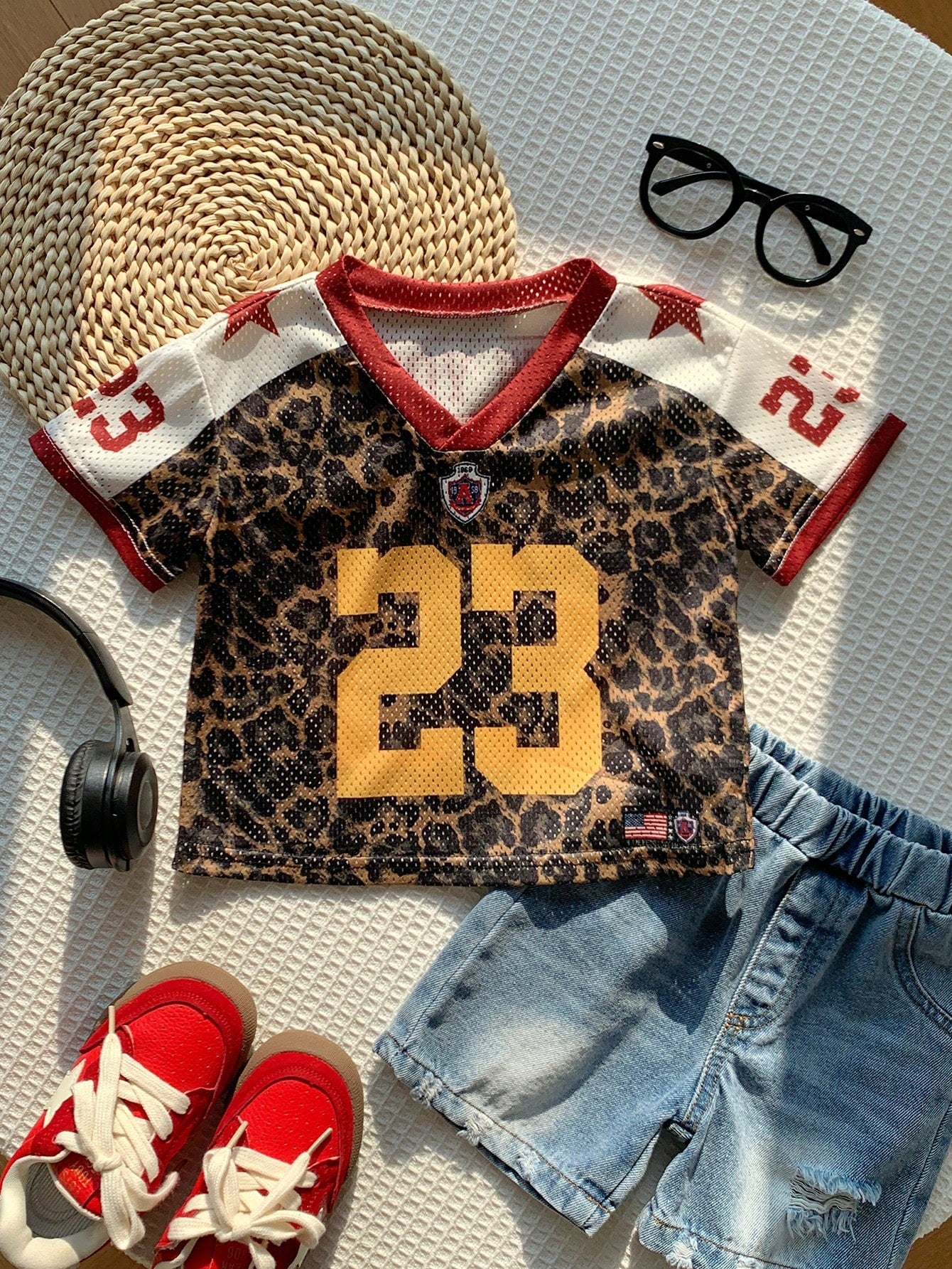 Boys Leopard Print Mesh Football Jersey - Tawny