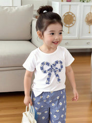 2pcs Girls Gingham Daisy Bow Appliqué Tee & Wide-Leg Pants Set - Iv...