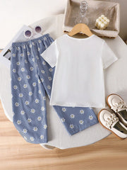 2pcs Girls Gingham Daisy Bow Appliqué Tee & Wide-Leg Pants Set - Iv...