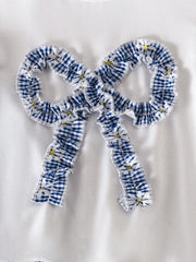 2pcs Girls Gingham Daisy Bow Appliqué Tee & Wide-Leg Pants Set - Iv...