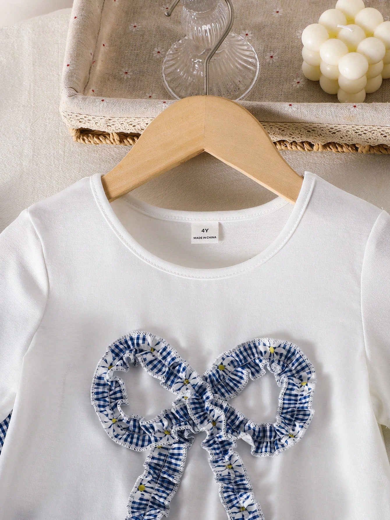 2pcs Girls Gingham Daisy Bow Appliqué Tee & Wide-Leg Pants Set - Iv...