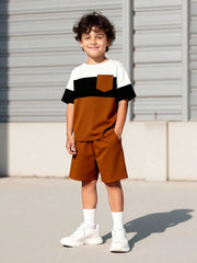 2pcs Boys Colourblock Chest Pocket T-Shirt & Shorts Set - Ochre | 2...