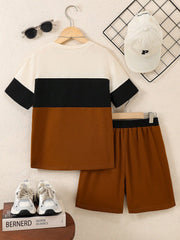 2pcs Boys Colourblock Chest Pocket T-Shirt & Shorts Set - Ochre | 2...