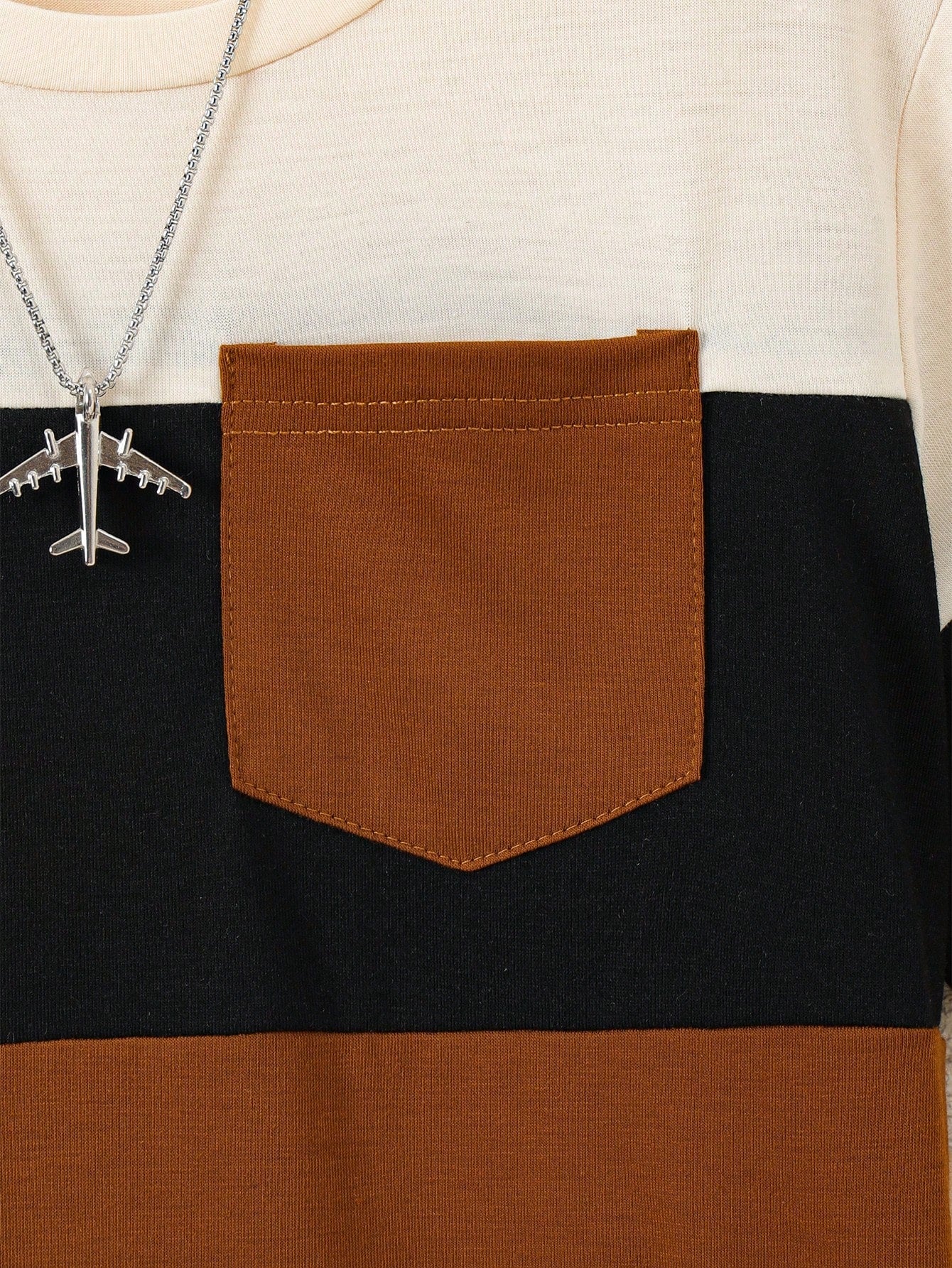2pcs Boys Colourblock Chest Pocket T-Shirt & Shorts Set - Ochre | 2...