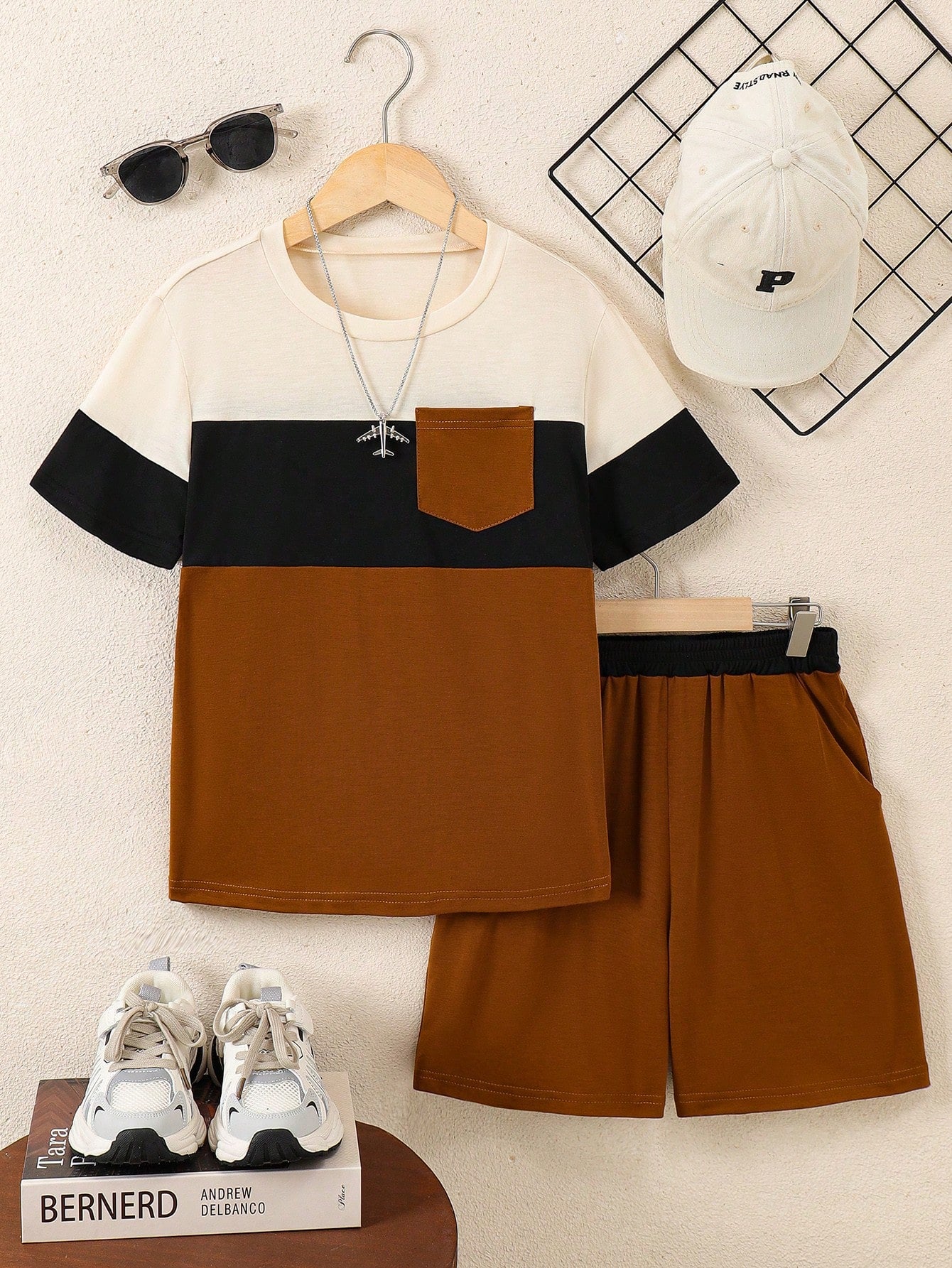 2pcs Boys Colourblock Chest Pocket T-Shirt & Shorts Set - Ochre | 2...