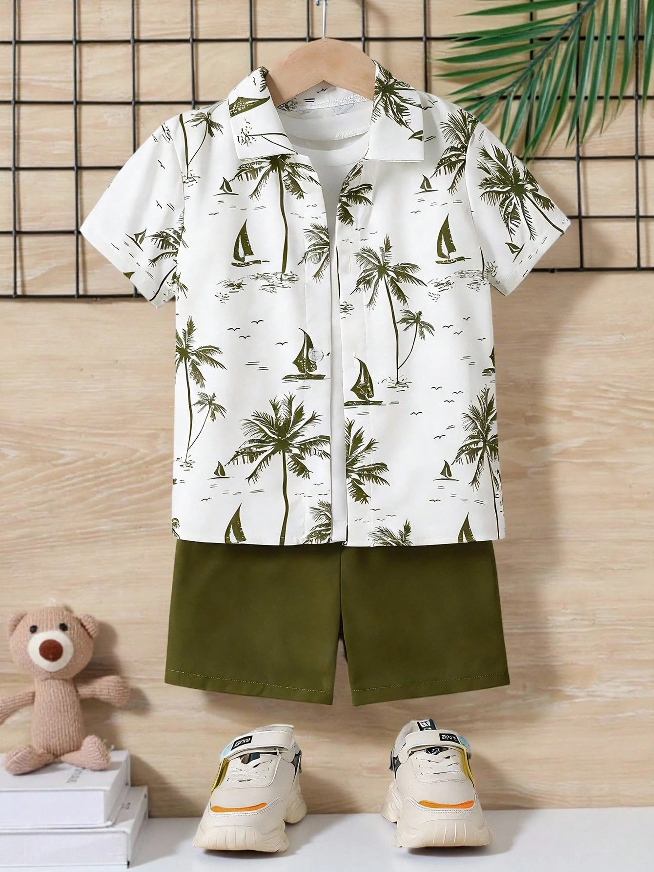 2pcs Little Boys Palm Print Resort Shirt & Shorts Set - Ivory