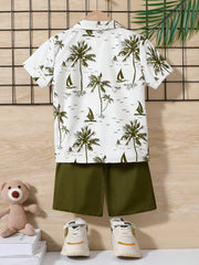 2pcs Little Boys Palm Print Resort Shirt & Shorts Set - Ivory