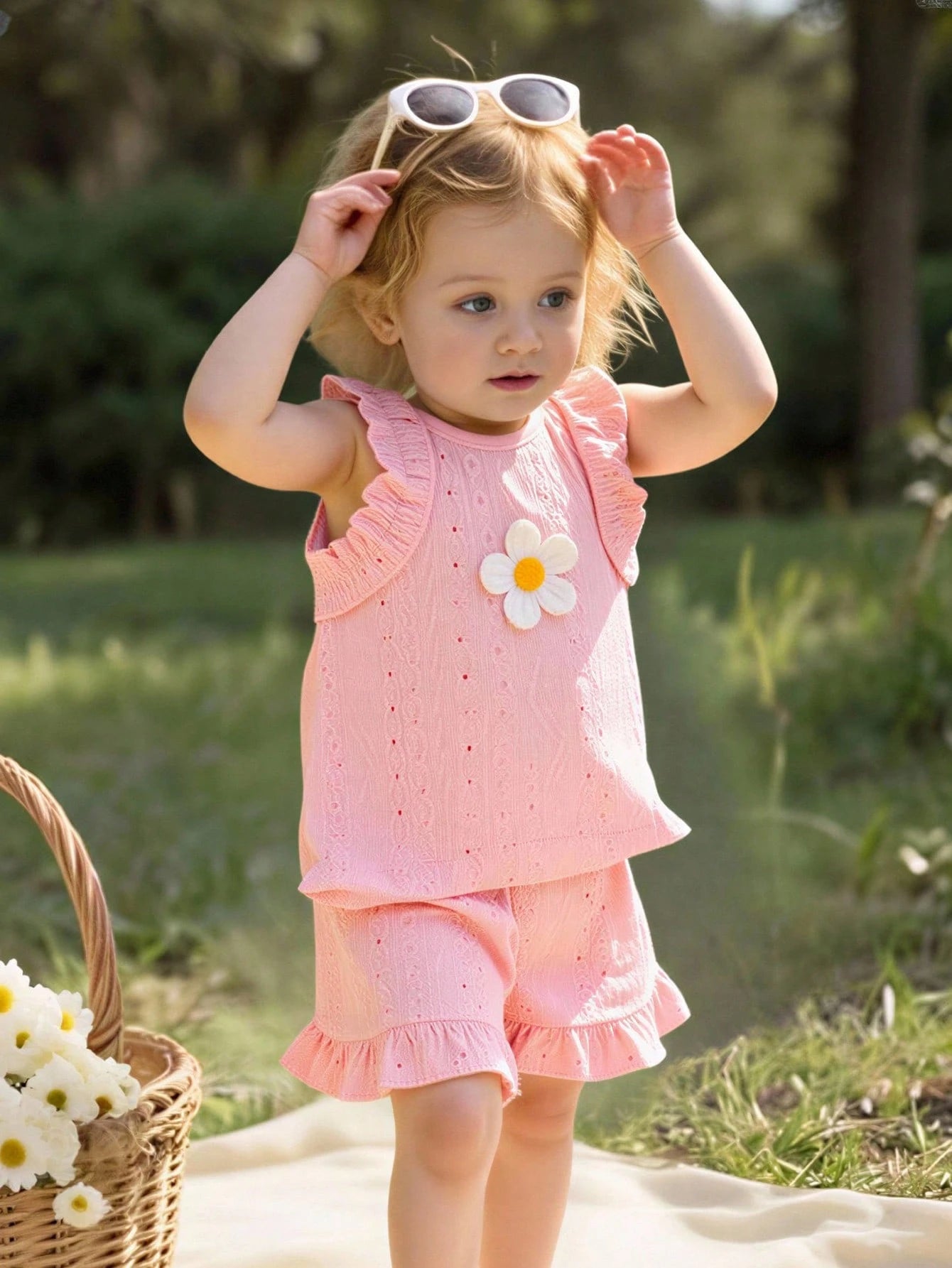 Girls Eyelet Ruffle Top & Shorts Set - Blush