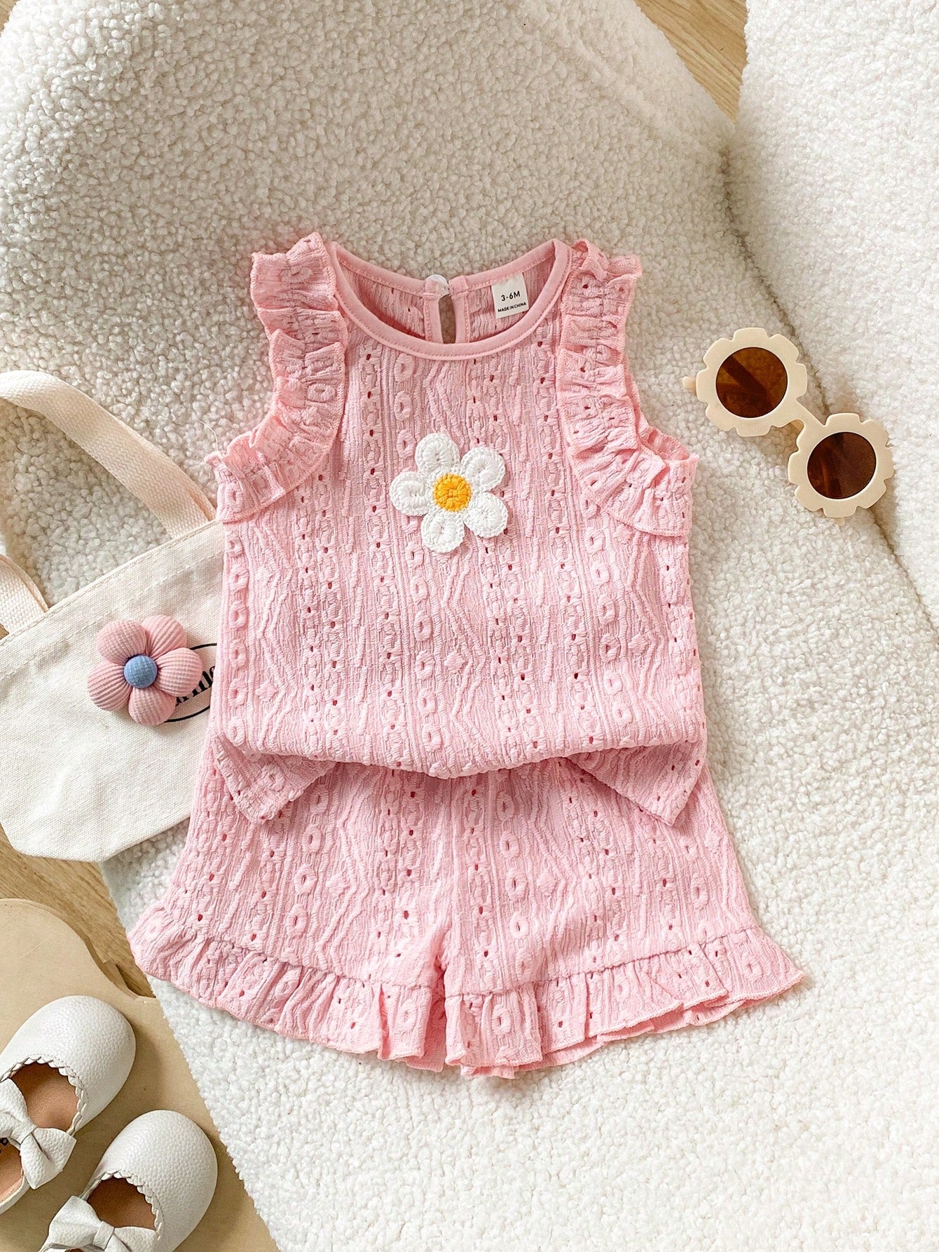 Girls Eyelet Ruffle Top & Shorts Set - Blush