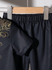 2pcs Boys Gold Baroque Print Kurta & Trousers Set - Onyx | 21 Centu...