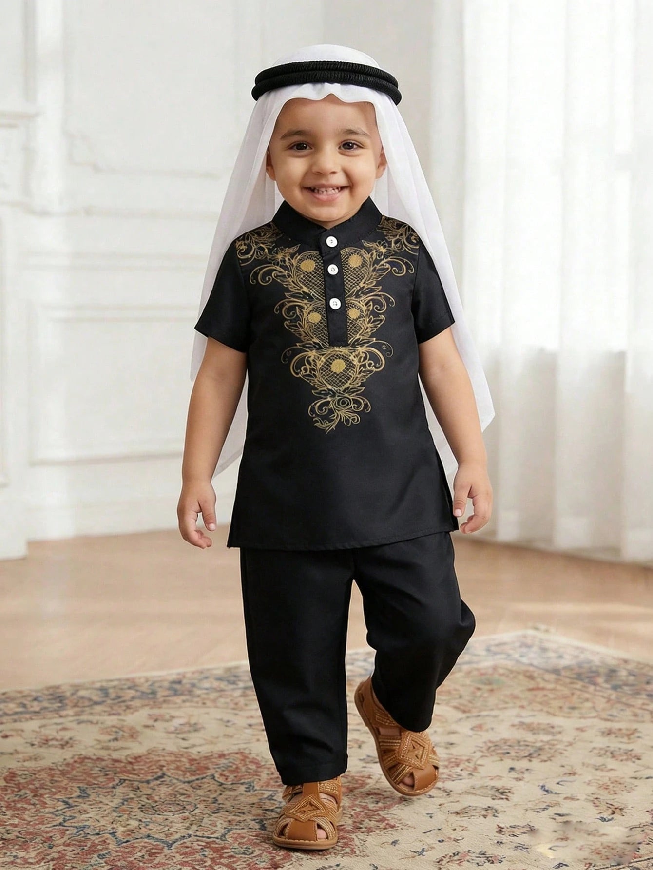 2pcs Boys Gold Baroque Print Kurta & Trousers Set - Onyx | 21 Centu...