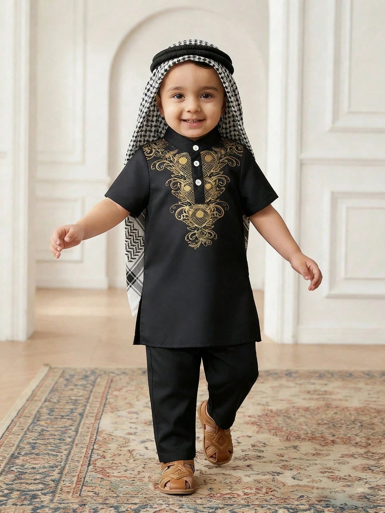 2pcs Boys Gold Baroque Print Kurta & Trousers Set - Onyx | 21 Centu...