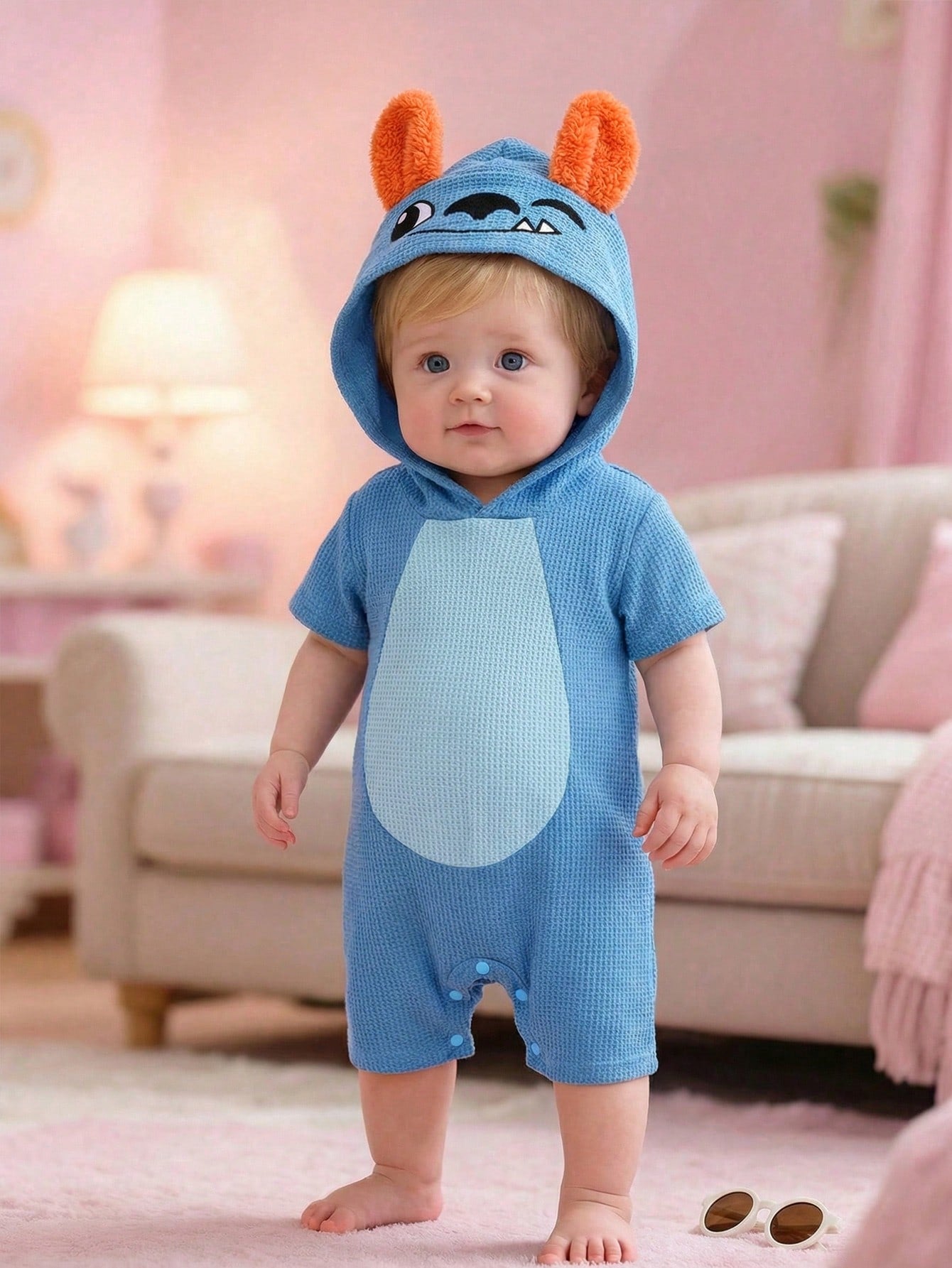 Unisex Monster Character Waffle Knit Hooded Romper - Cerulean | 21 ...