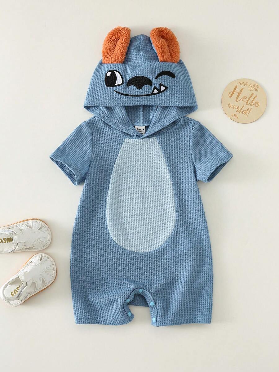 Unisex Monster Character Waffle Knit Hooded Romper - Cerulean | 21 ...
