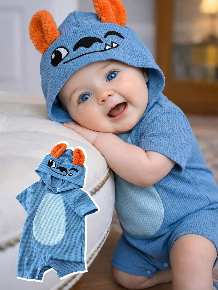 Unisex Monster Character Waffle Knit Hooded Romper - Cerulean | 21 ...