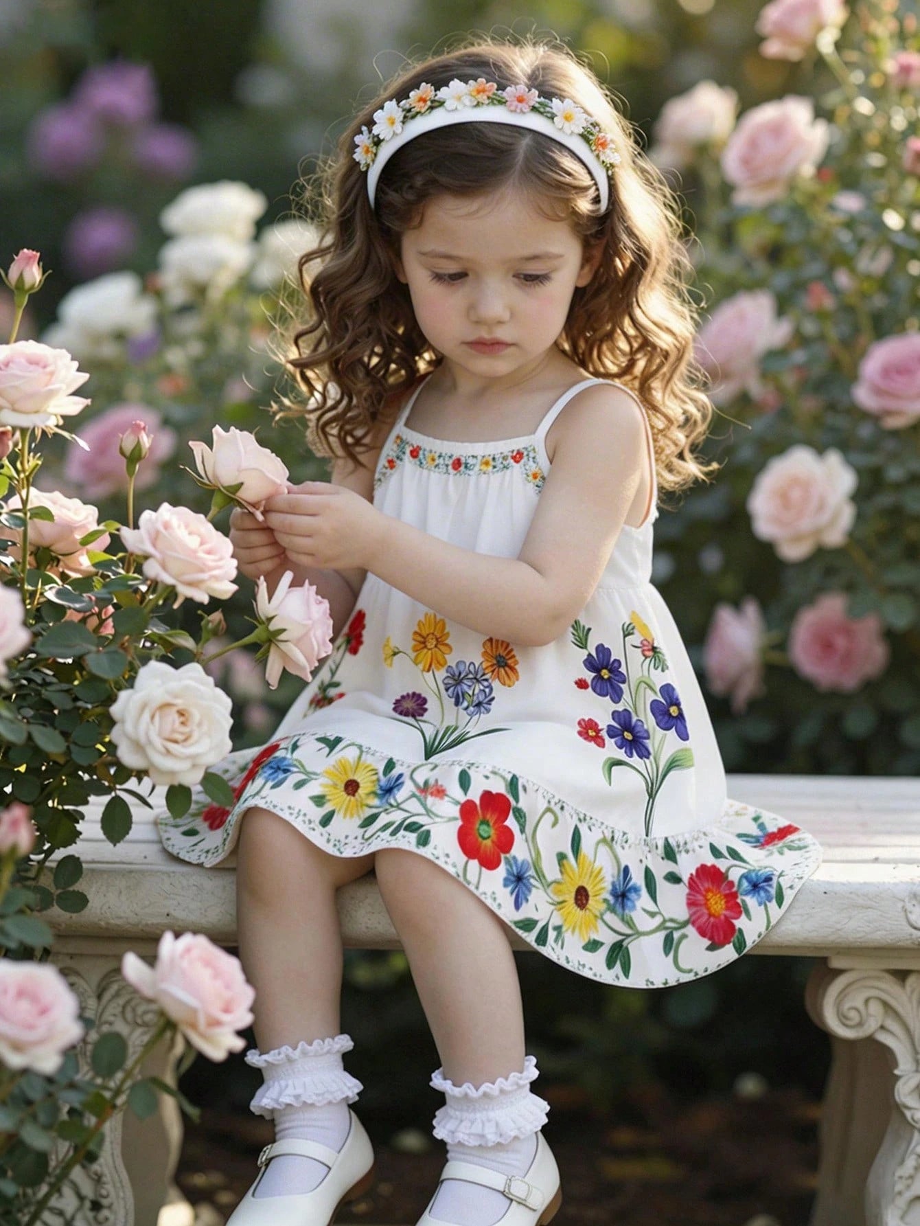 Girls Floral Print Spaghetti Strap Ruffle Hem Sundress - Ivory