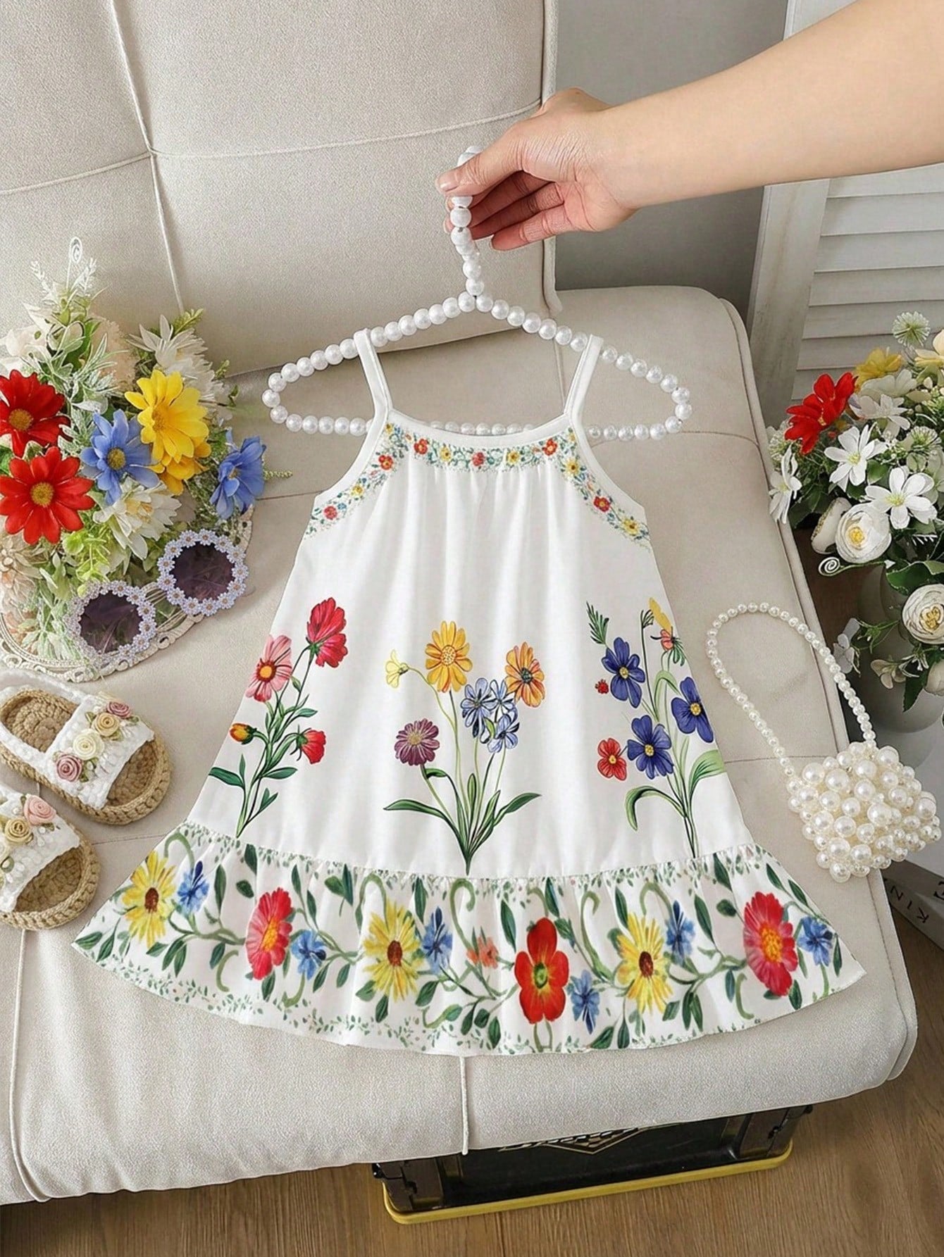 Girls Floral Print Spaghetti Strap Ruffle Hem Sundress - Ivory