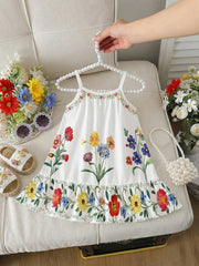 Girls Floral Print Spaghetti Strap Ruffle Hem Sundress - Ivory