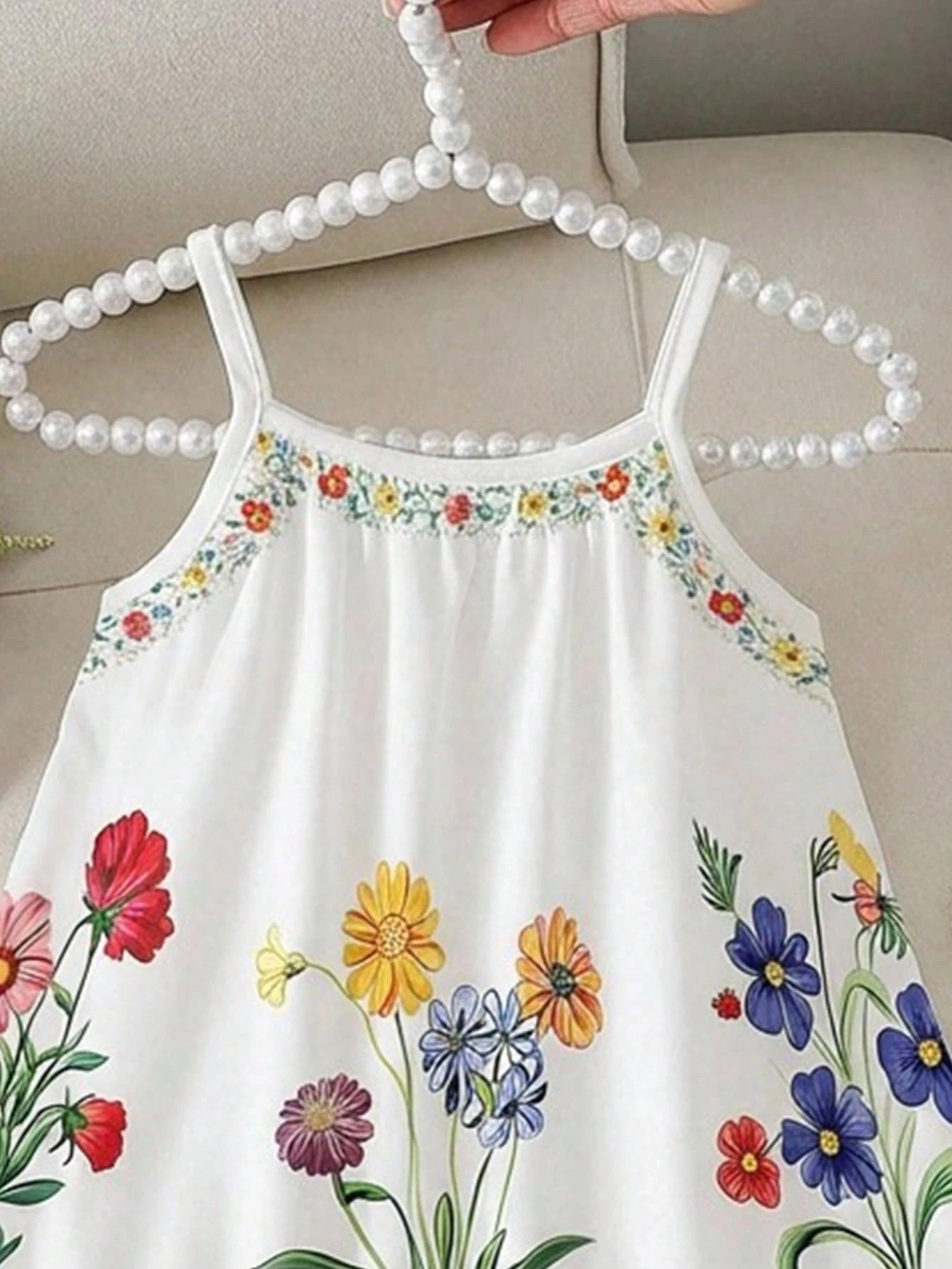 Girls Floral Print Spaghetti Strap Ruffle Hem Sundress - Ivory