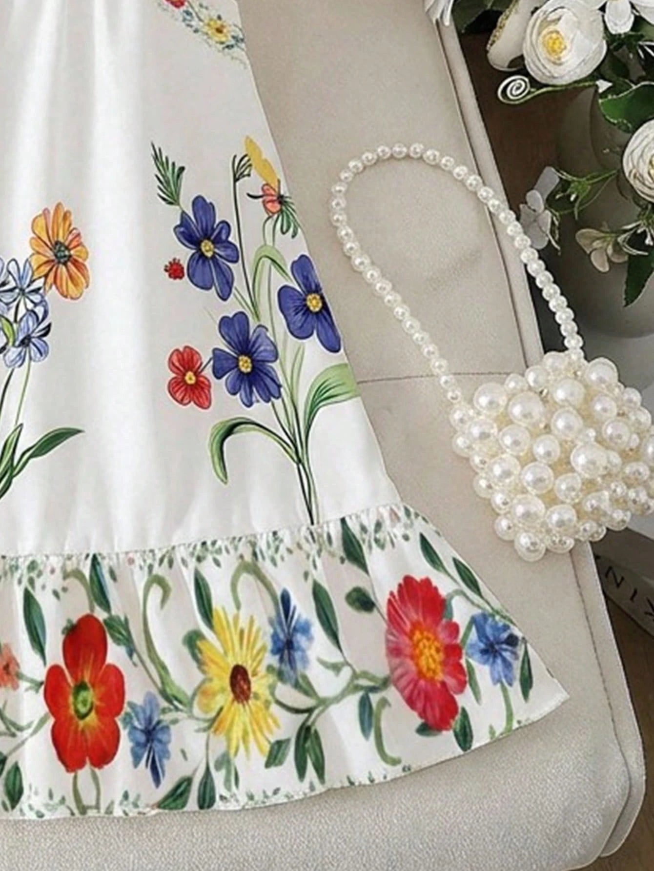Girls Floral Print Spaghetti Strap Ruffle Hem Sundress - Ivory