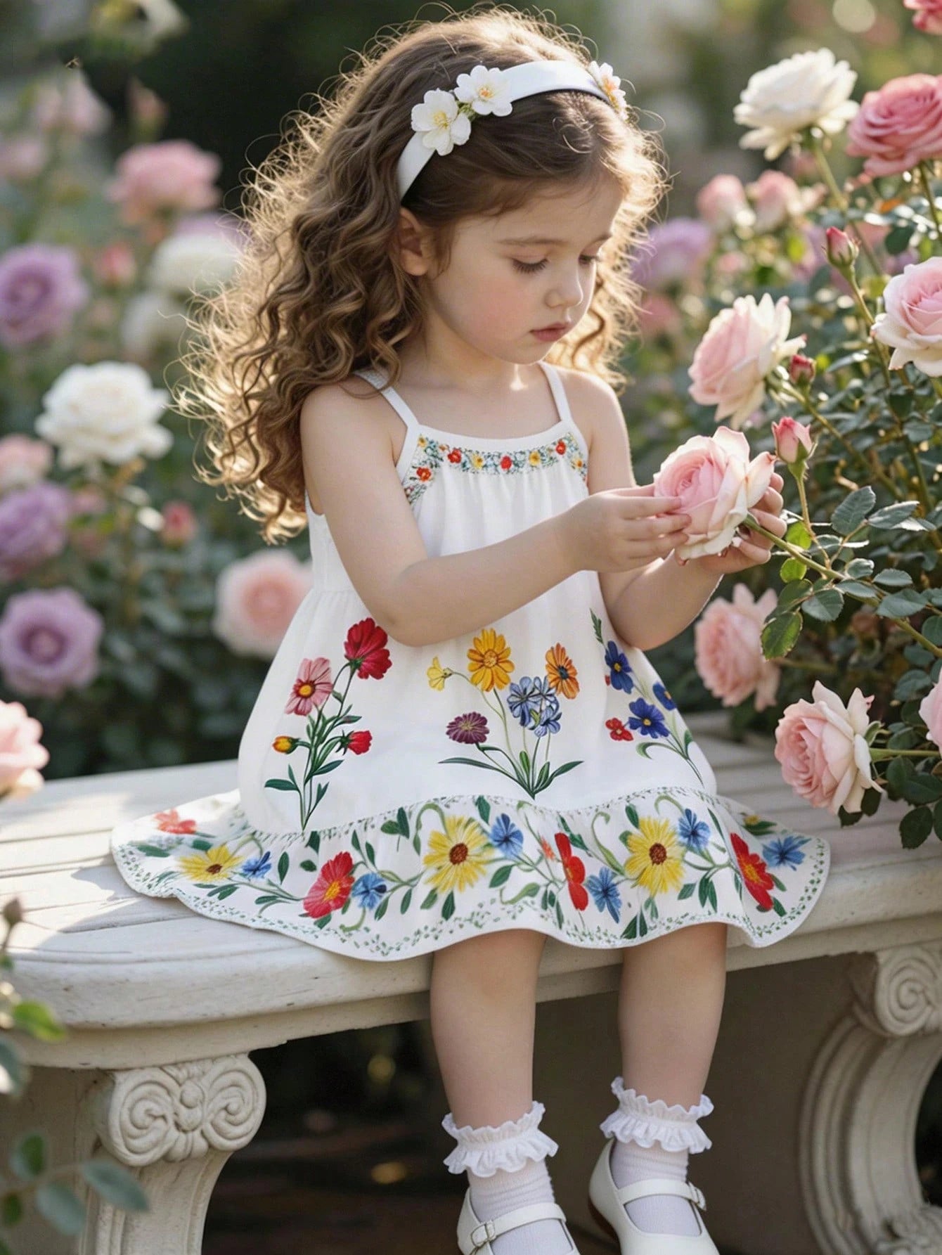 Girls Floral Print Spaghetti Strap Ruffle Hem Sundress - Ivory