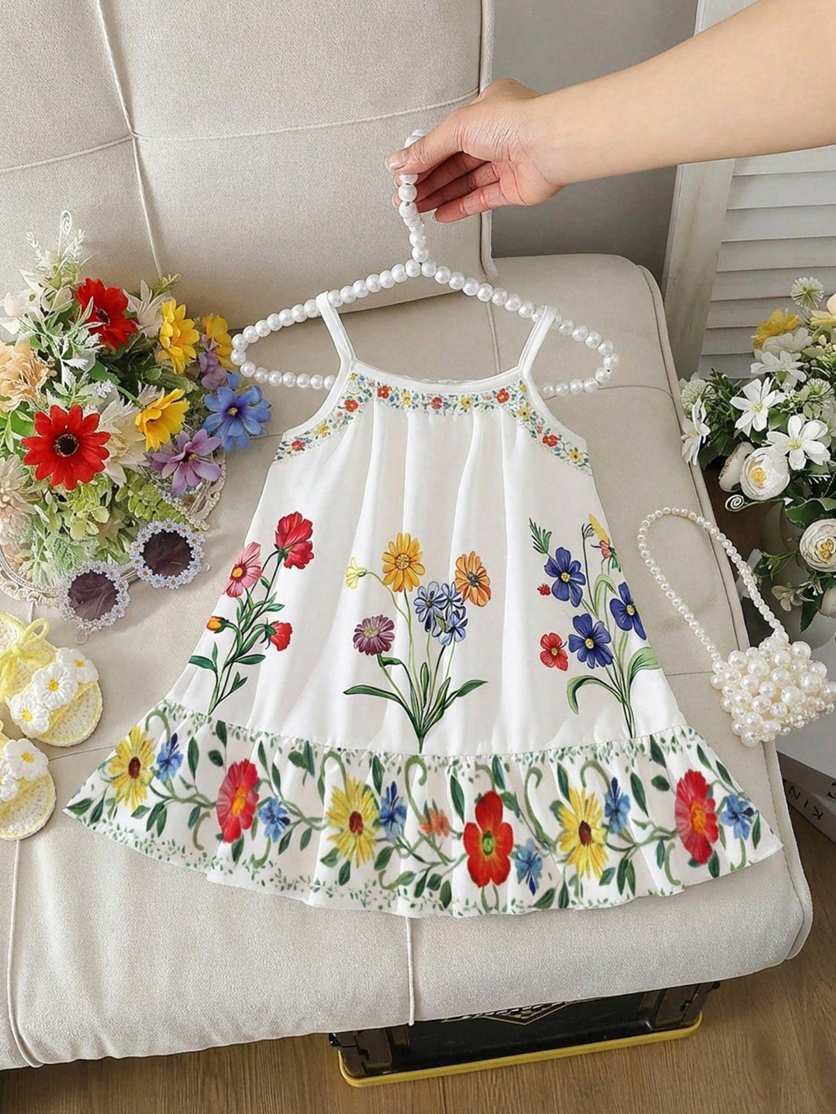 Girls Floral Print Spaghetti Strap Ruffle Hem Sundress - Ivory