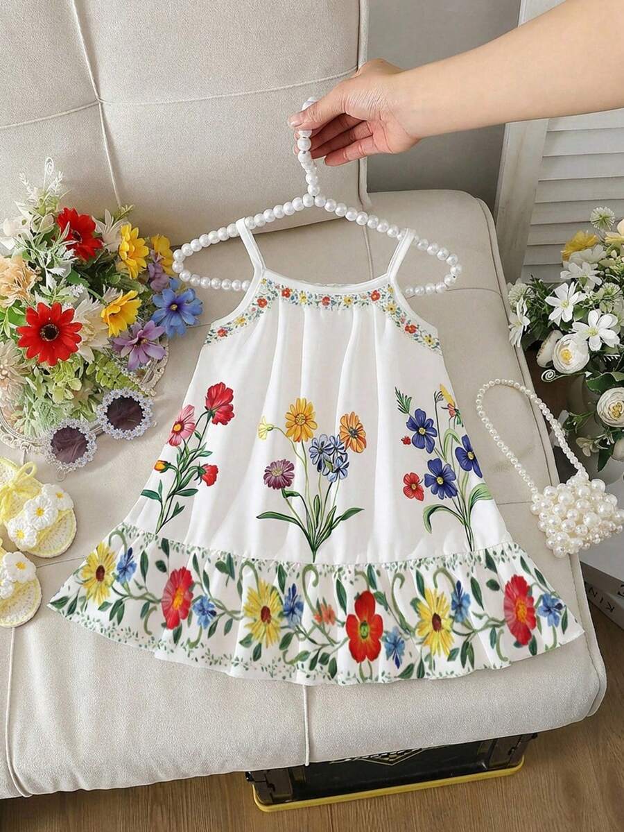 Girls Floral Print Spaghetti Strap Ruffle Hem Sundress - Ivory